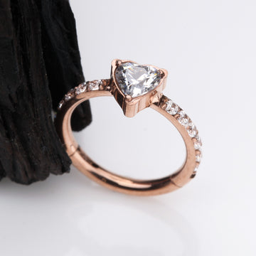 Detail View 1 of Implant Grade Titanium Rose Gold Heart Sparkle Multi-Gem Rimmed Seamless Clicker Hoop Ring-Clear Gem